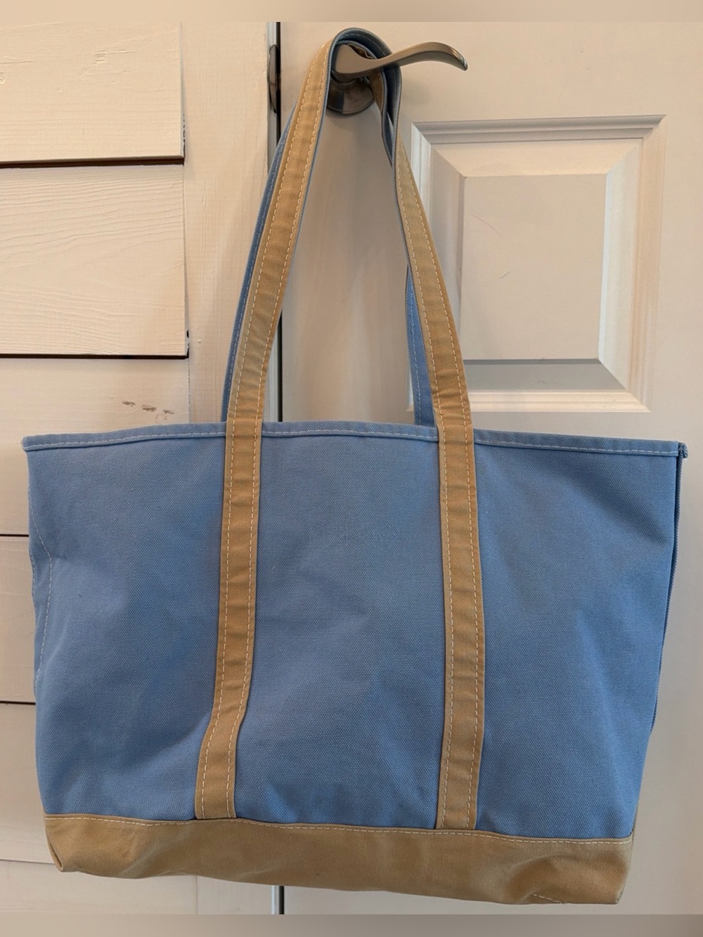 LL Bean Boat And Tote Canvas Bag Light Blue Tan Large Made In USA Preppy